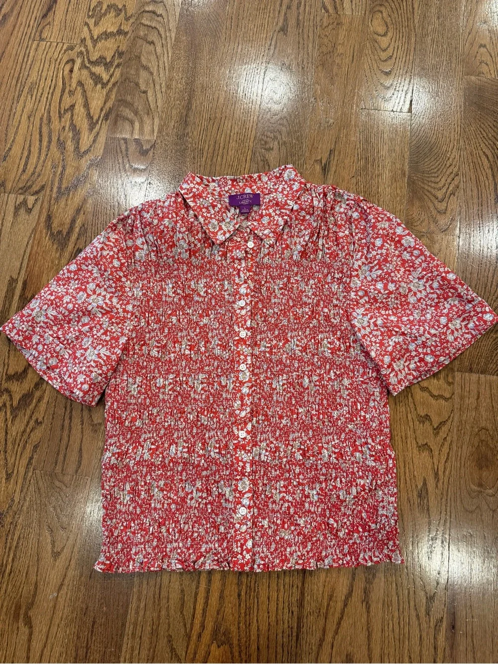 J. Crew Liberty fabric Smocked button-up short-sleeve shirt floral print size L